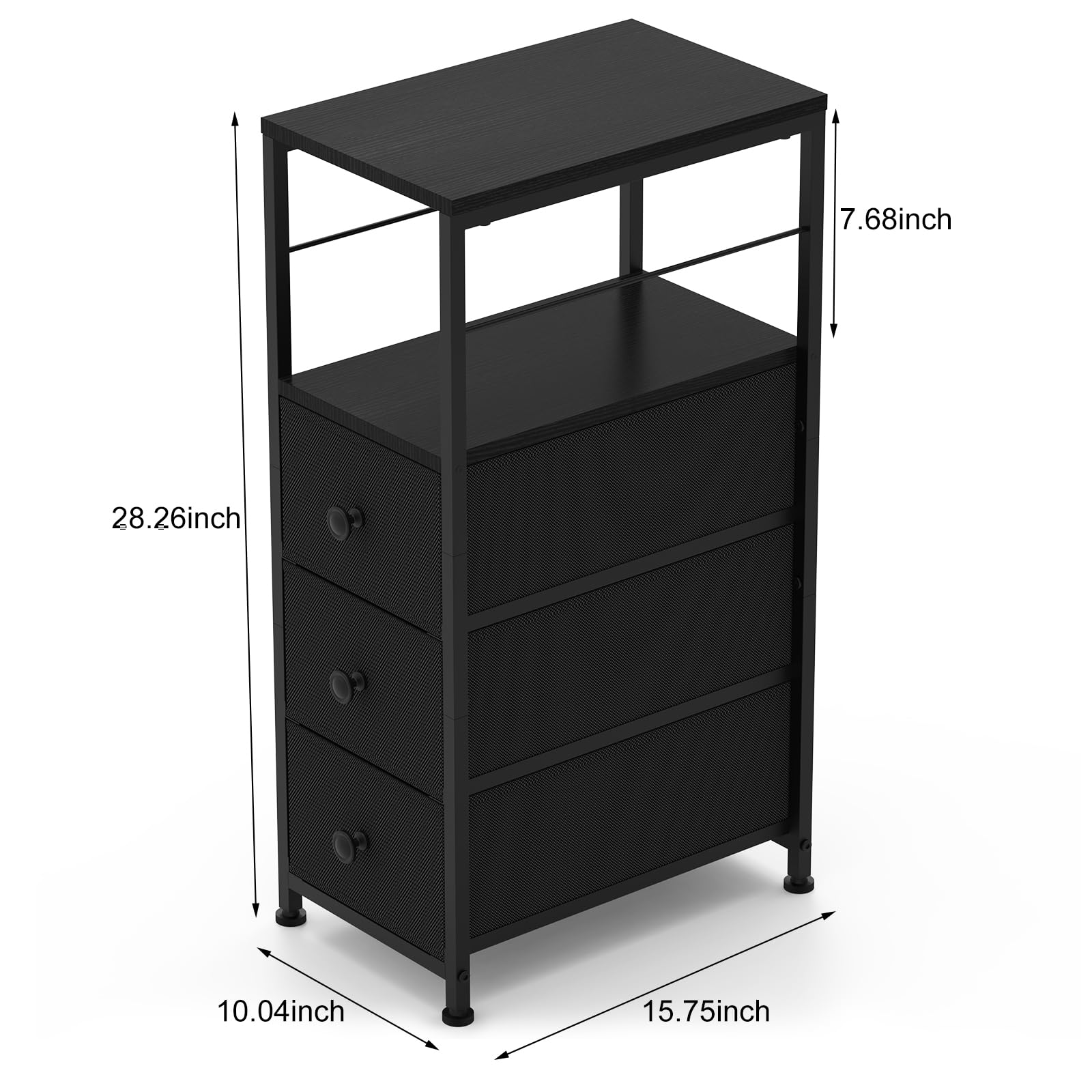 YBING Narrow Dresser, Side Table with 3 Fabric Drawers, Slim Dresser with Open Shelves, Slim Bedside Table for Bedroom, Small Spaces, Black