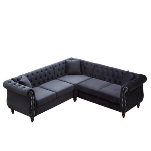 Merax L-Shaped 83.5-inch Sofa Couch, Luxury Classic Chesterfield Velvet Corner Sofa, Button Tufted Upholstered Sectional Corner Sofa with 3 Pillows and Solid Wood Gourd Legs, Black