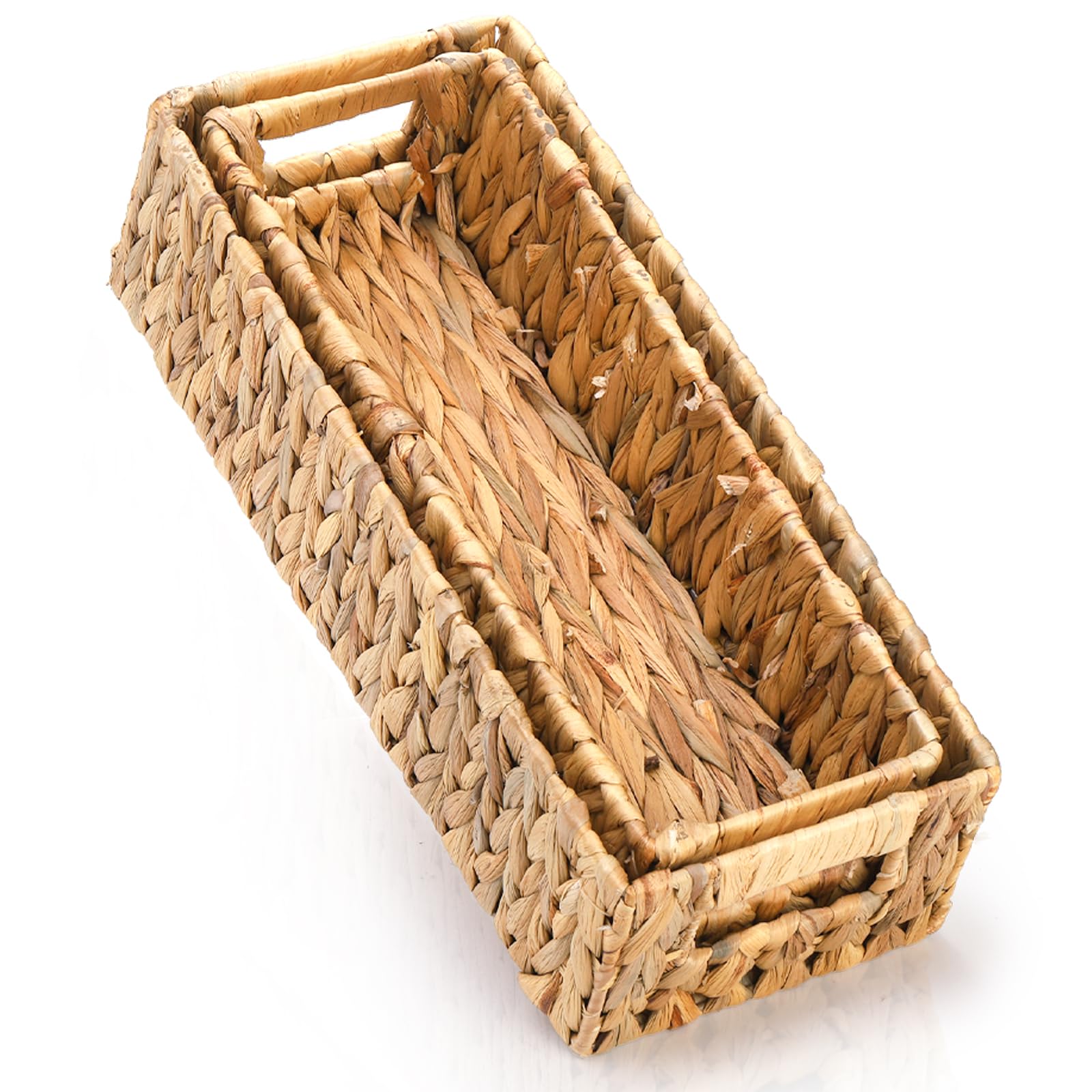 2 Pack Wicker Storage Baskets, Water Hyacinth Holder for Toilet Paper, Rectangular Natural Bins with Built-in Handles, Handwoven Organizer for Bathroom Kitchen Pantry Tank Top, 2 Sizes