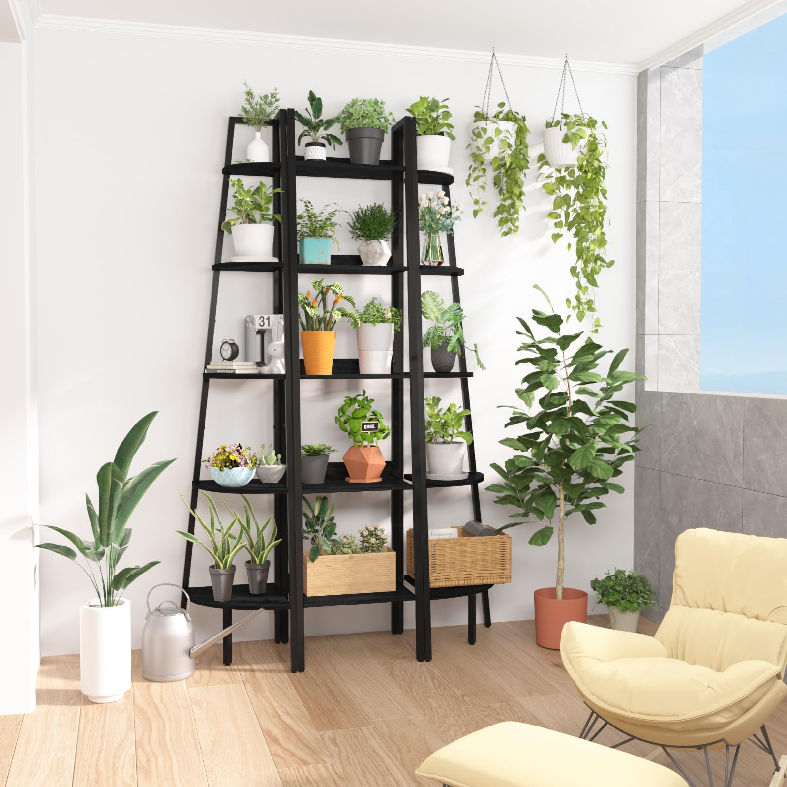 Yoobure Ladder Shelf, 5 Tier Tall Ladder Bookshelf Corner Shelf, Industrial Book Shelf Ladder Bookcase Narrow, Standing Storage Shelves Display Shelf for Bedroom Living Room Office Kitchen Bathroom