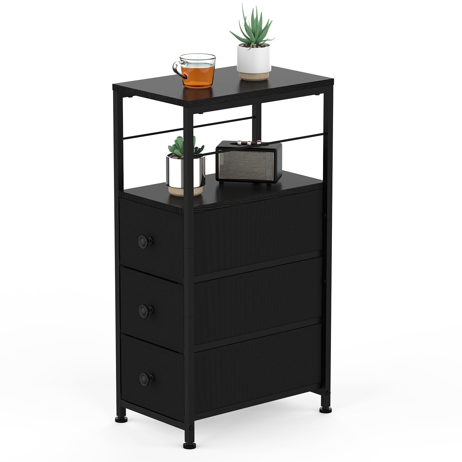 YBING Narrow Dresser, Side Table with 3 Fabric Drawers, Slim Dresser with Open Shelves, Slim Bedside Table for Bedroom, Small Spaces, Black