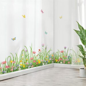 wondever Green Grass Floral Wall Corner Stickers Wildflower Butterflies Baseboard Skirting Line Wall Decals for Living Room Bedroom Dining Room (W:62 inches)