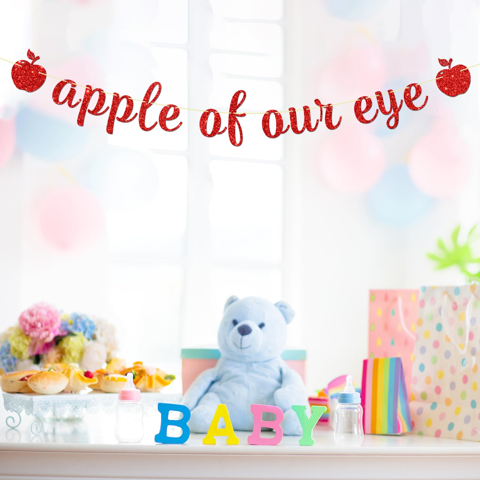 Maicaiffe Apple of Our Eye Banner - Baby Shower Gender Reveal Party Decor - Fruit Theme Apple 1st Birthday Party Decorations, Red Glitter