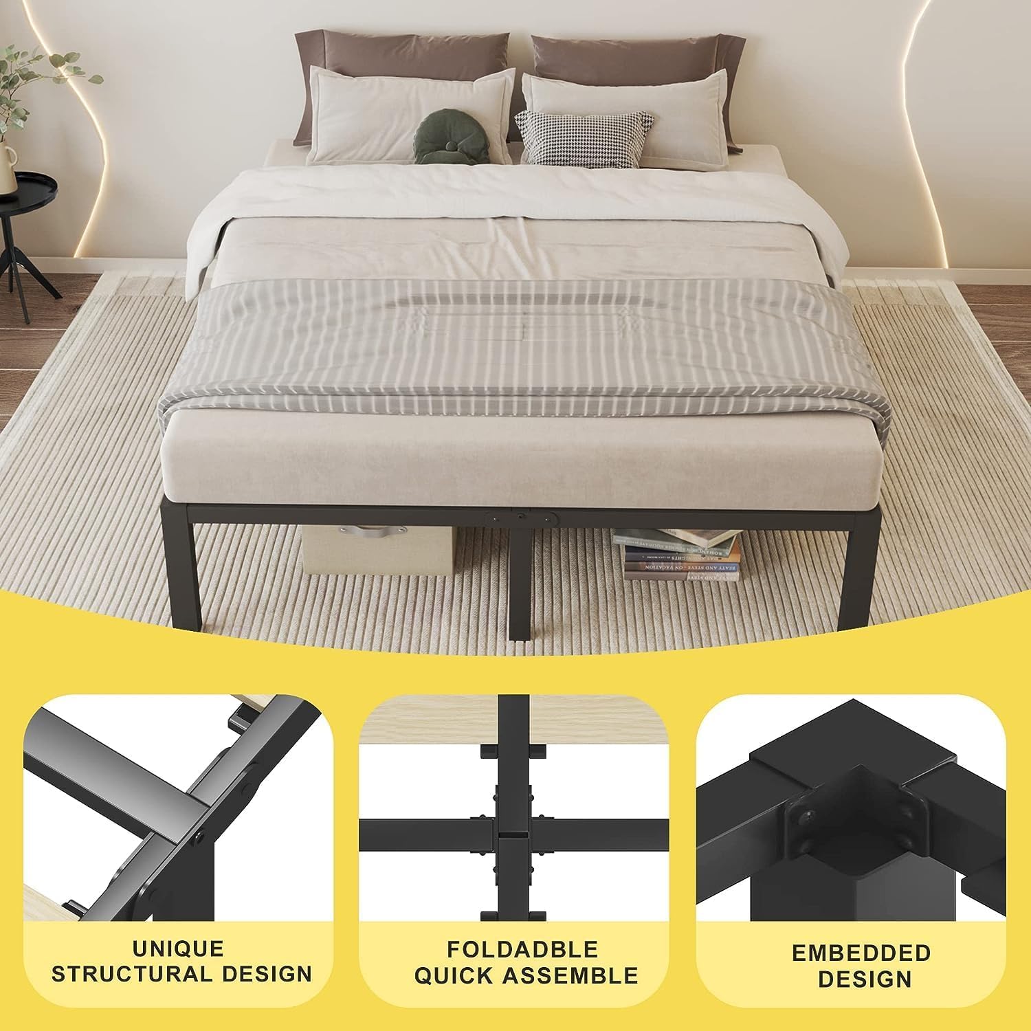 ROIL 18 inch Full Size Bed Frames with Wood Slats - 3500lbs Heavy Duty No Box Spring Needed Platform, Mattress Stoppers Double Metal Noise Free Bedframe with Headboard Hole