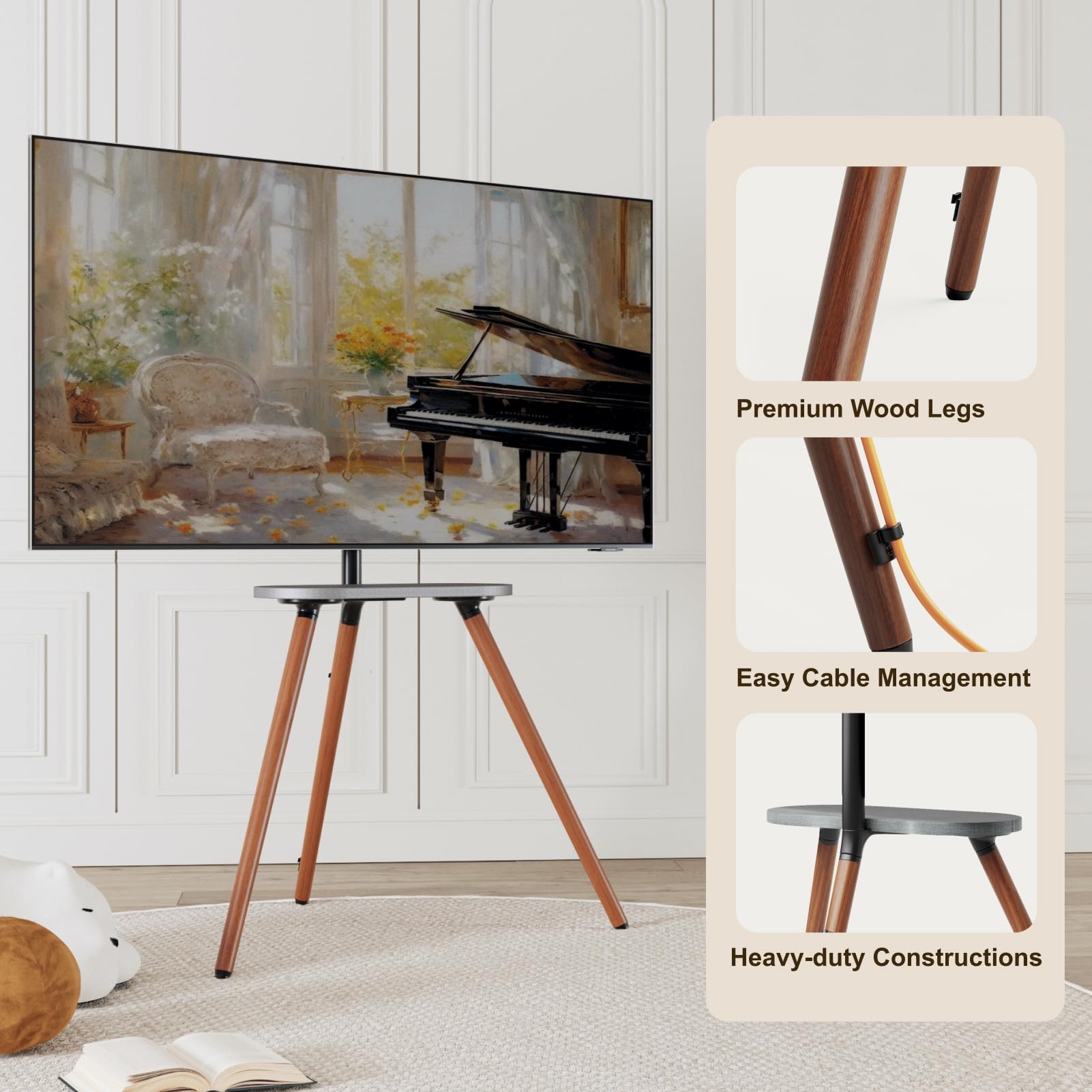 ECOTINY Tripod Easel TV Stand for 40 to 65 Inch LCD LED OLED Screen, Height Adjustable and Swievel TV Stand, Portable Corner TV Floor Stand with Wooden Tray, VESA 400x400mm, Minimalist Black Walnut