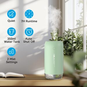 Portable Mini Humidifier, 350ml Quiet Small Cool Mist Humidifiers USB Personal Desktop Humidifier for Bedroom Office Plants Car Baby Nursery with 2 Mist Modes Auto Shut-off (Green)