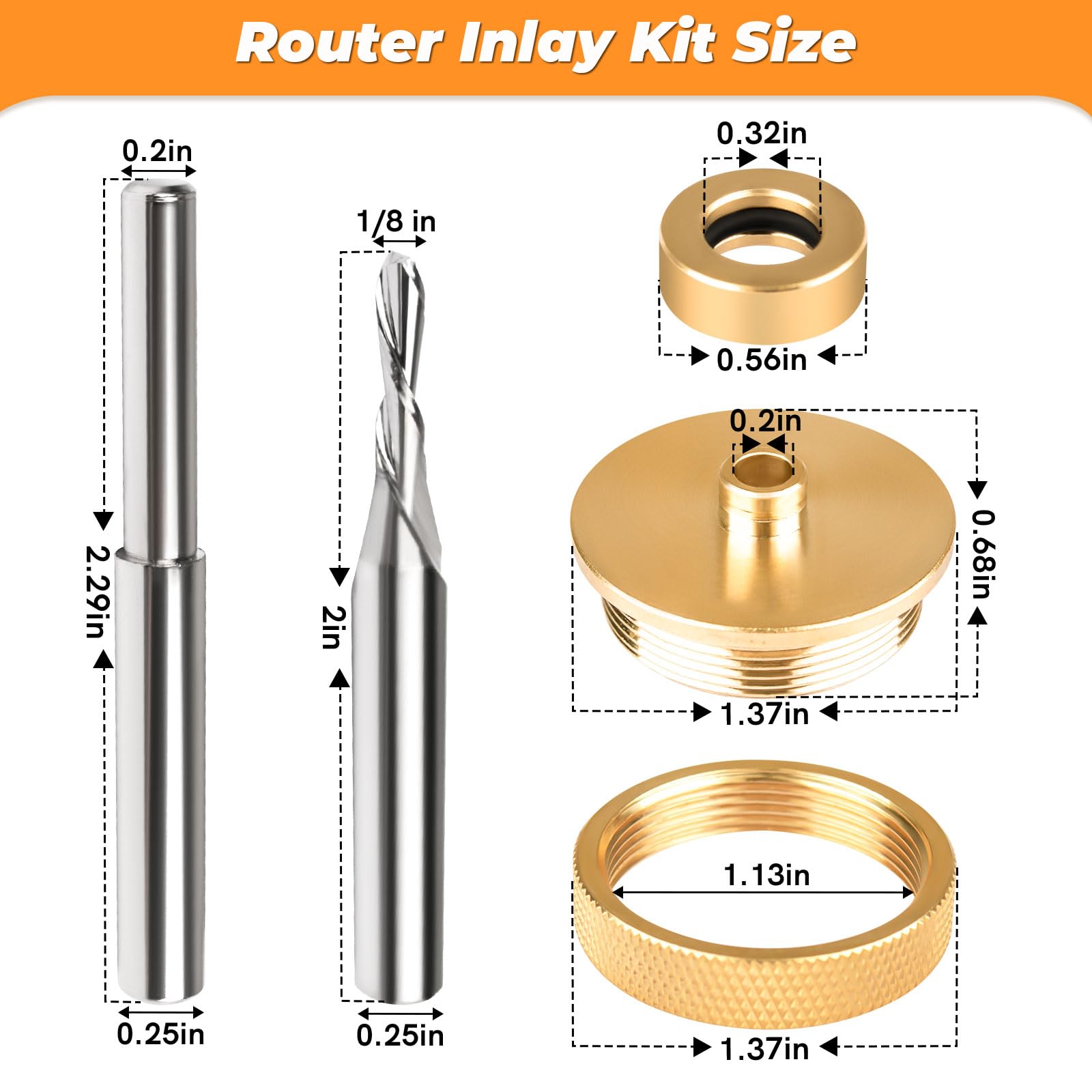 71333 Router Bits Solid Brass Inlay Kit for 1/4 Templates for High RPM Routing, Includes 1/8" Carbide Router Bit/Cutter + 1/4" Shank, Universal Bushing, Retainer Nut, Collar and Alignment Pin