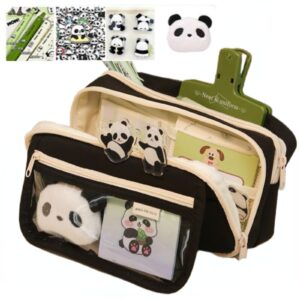 ecqizer 10pcs cute panda pencil case large capacity for adults aesthetic pencil case kawaii pencil pouch cute with zipper preppy pen bag with gel ink pens, clips, stickers, pin (black)