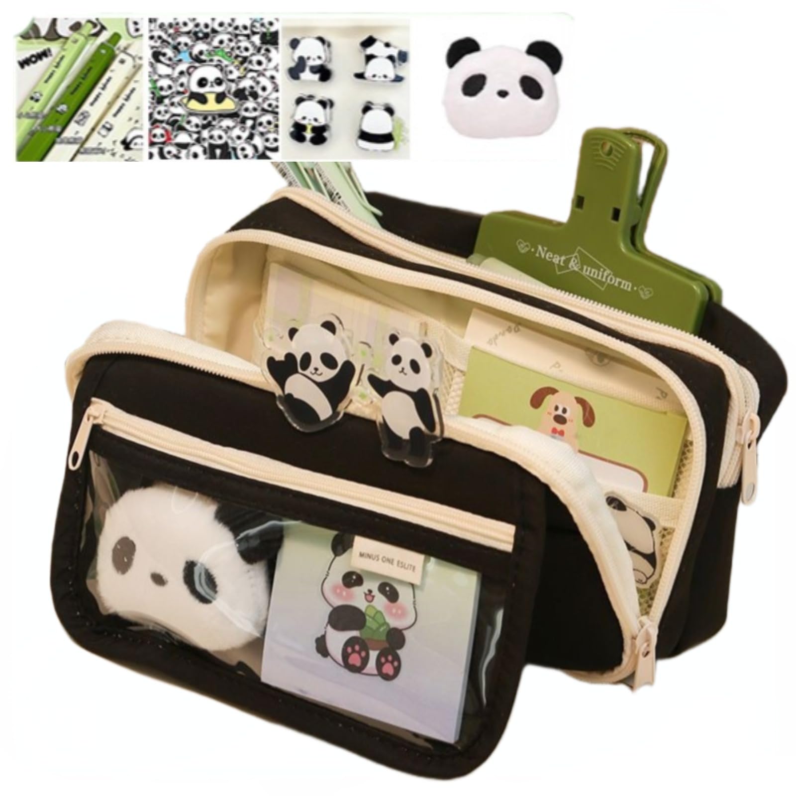 Ecqizer 10Pcs Cute Panda Pencil Case Large Capacity for Adults Aesthetic Pencil Case Kawaii Pencil Pouch Cute With Zipper Preppy Pen Bag With Gel Ink Pens, Clips, Stickers, Pin (Black)