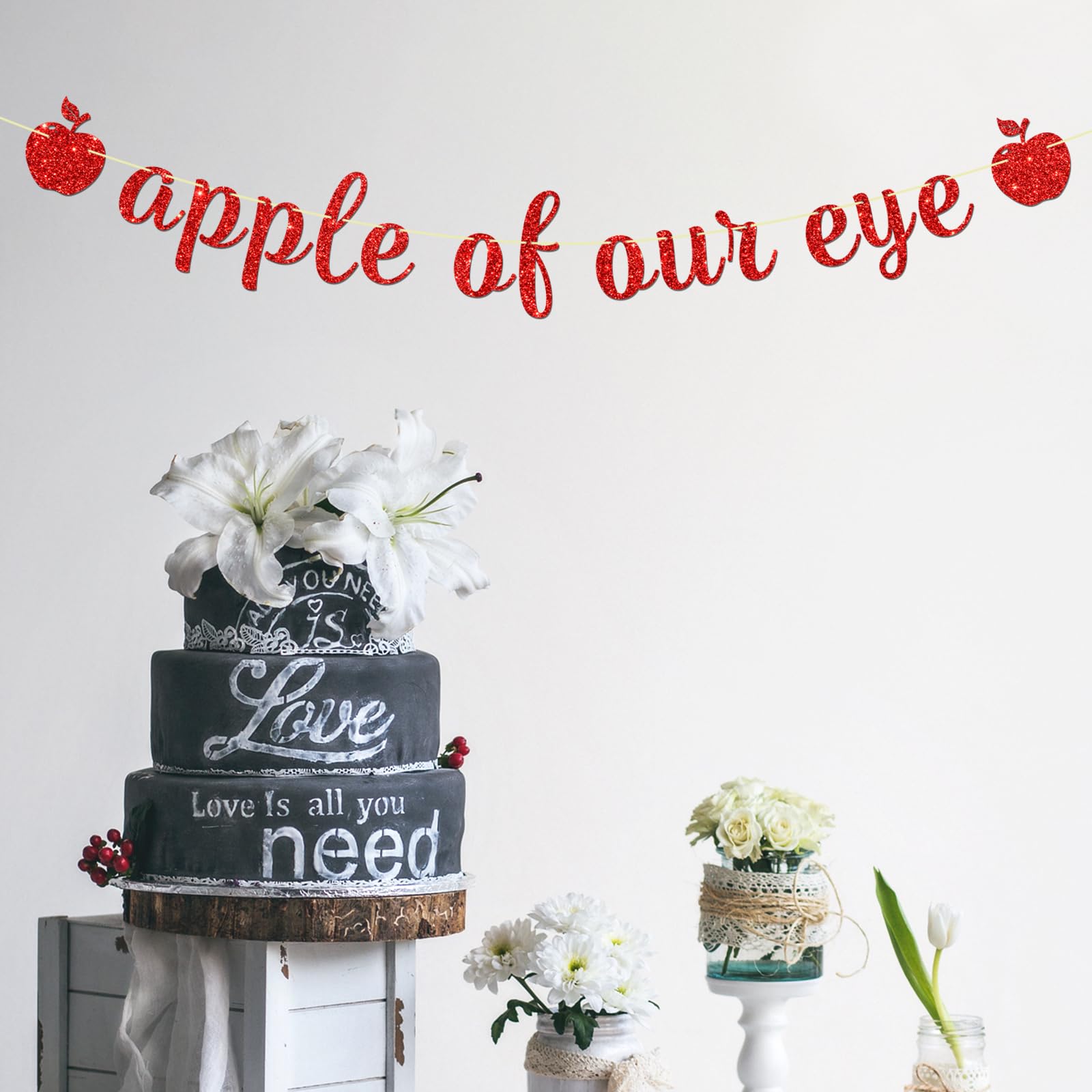 Maicaiffe Apple of Our Eye Banner - Baby Shower Gender Reveal Party Decor - Fruit Theme Apple 1st Birthday Party Decorations, Red Glitter