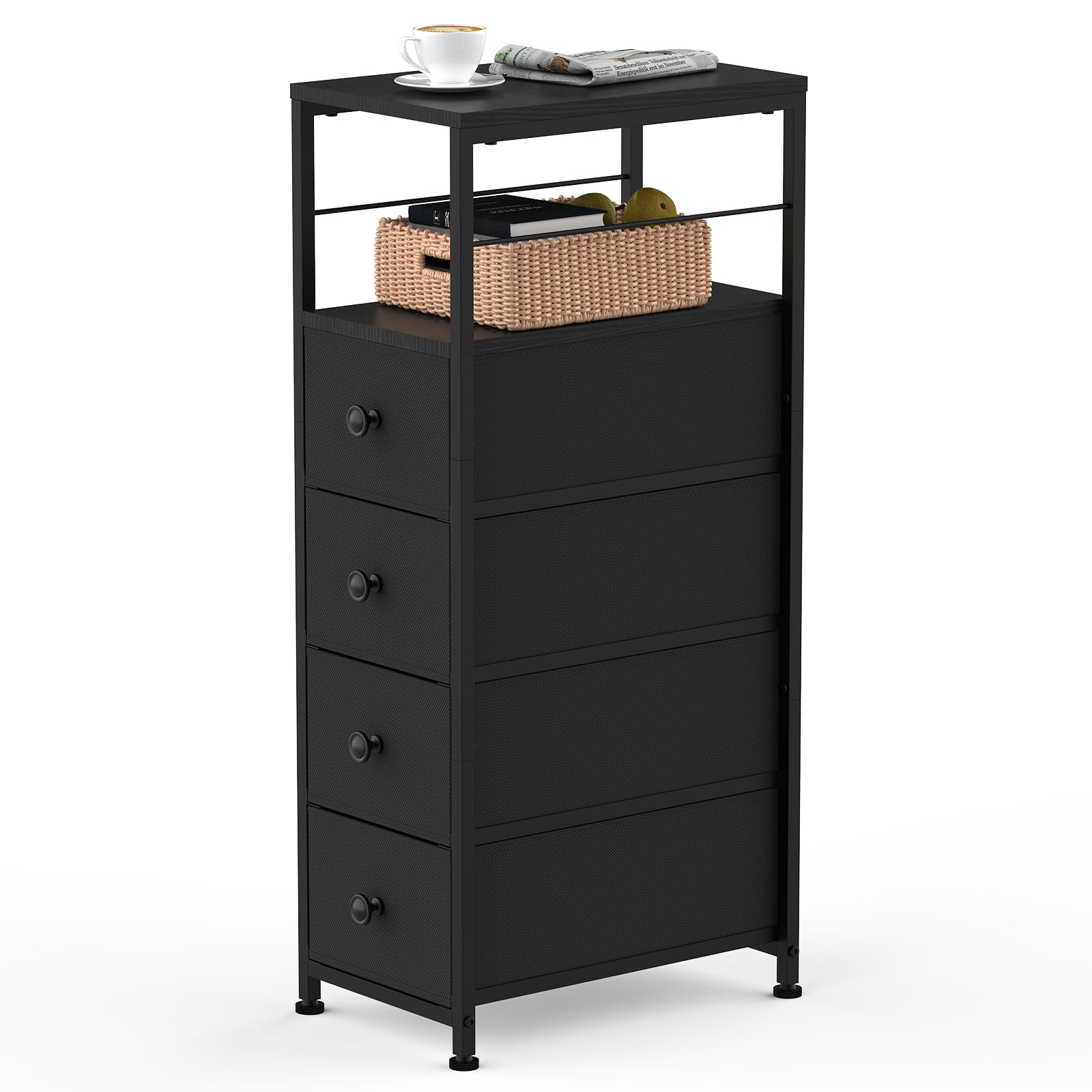 YBING Narrow Dresser for Bedroom, Slim Chest Organizer Nightstand, 4 Fabric Drawers with Wood Shelf, Side Tables for Small Spaces, Black