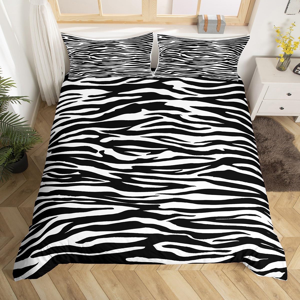 Erosebridal Zebra Print Duvet Cover King Black and White Bedding Sets, Wild Animal Theme Bed Set Safari Wildlife Fur Comforter Cover, Abstract Stripe Bedding Microfiber Super Cozy 3pcs