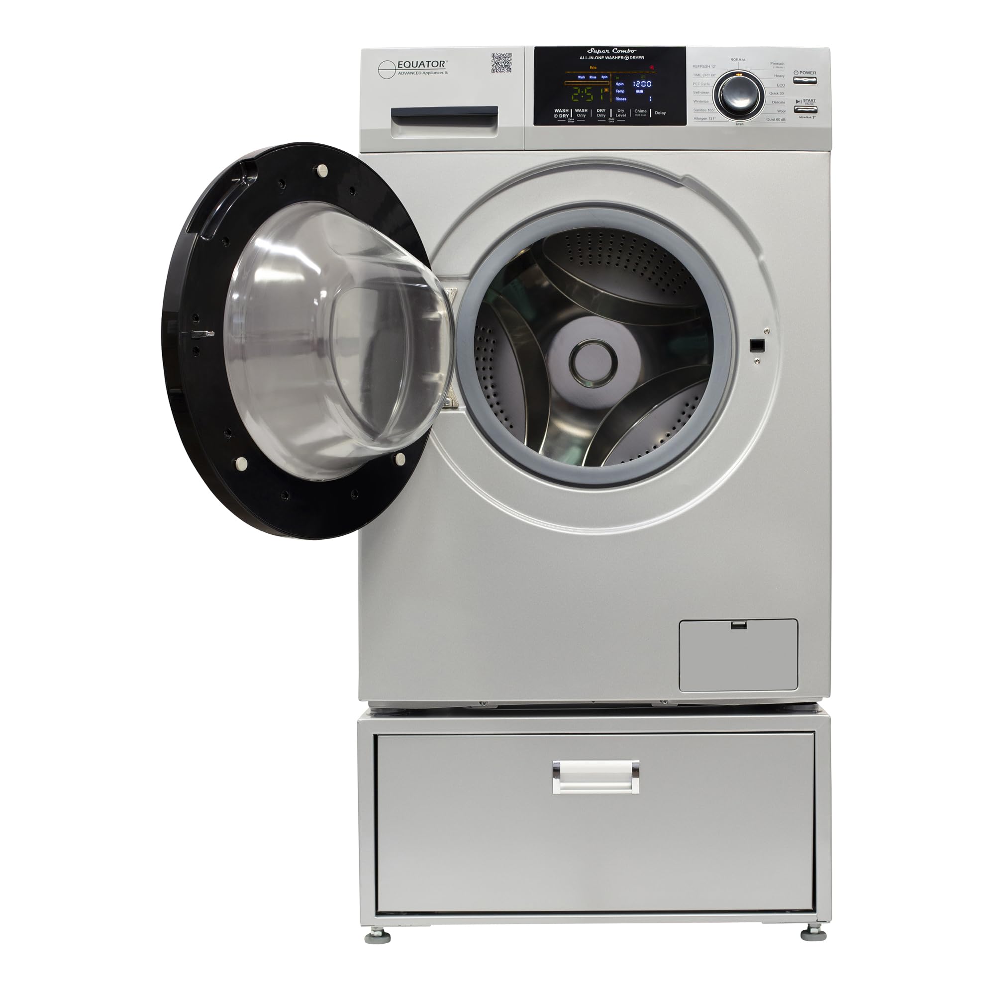 Equator Combo Washer Dryer VENTED-DRY 30% Faster than Condense 110V 15lb 1400RPM + Pedestal ADA (Silver)