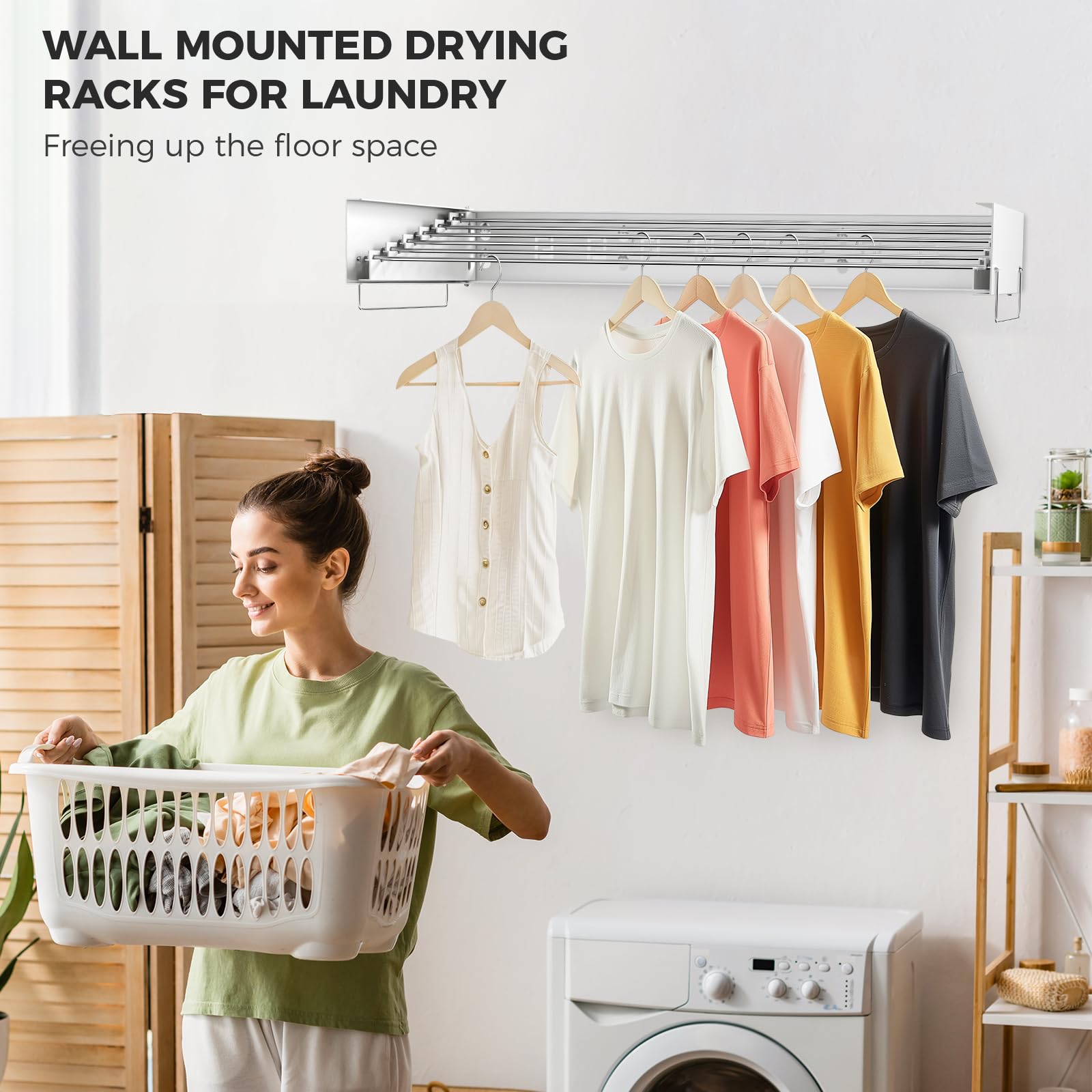 YOURTONE Wall Mounted Drying Rack for Laundry, 40" Wide, 20 Linear Ft, Space Saving Retractable Clothes Drying Rack, 80 lb Capacity, Laundry Room Drying Rack for Indoor, Outdoor & Bedroom