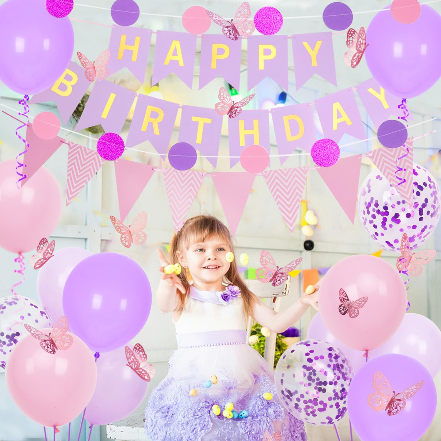 Purple and Pink Birthday Decorations, Purple Happy Birthday Banner for Girl Women with Balloons, Pennant Banner Flags, Butterfly Decorations and Circle Dot Paper Garland