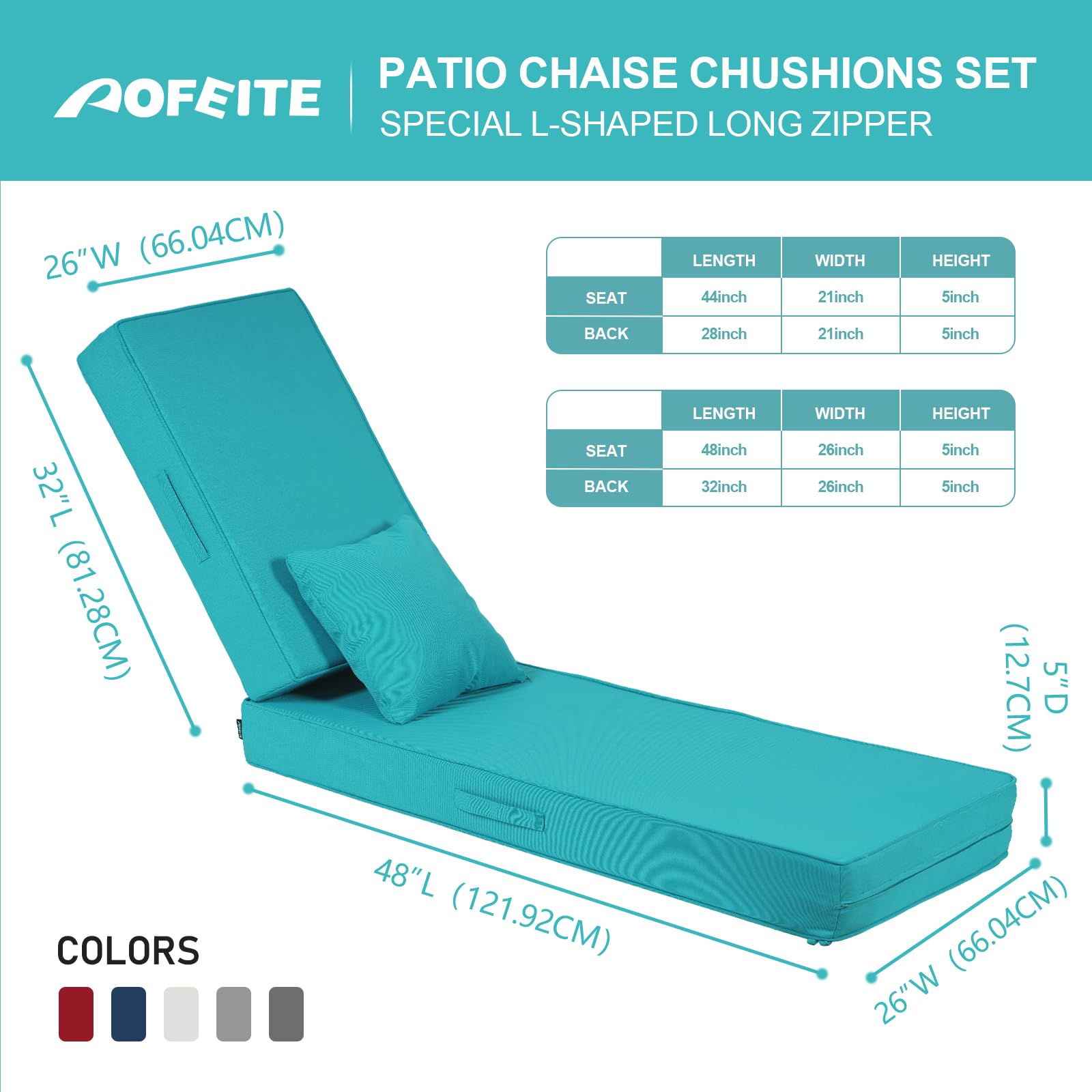 AOFEITE Outdoor Water-Resistant Olefin Chaise Lounge Cushions with Pillow, Weather and Fade Resistant Patio Furniture Lounge Chair Cushion Ideal for Patio, Lawn, Garden, Turquoise, 80"L x 26"W x 5"T