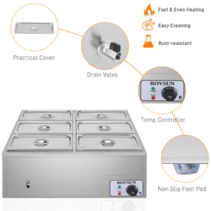 LEADZM 6-Pan(6.9QT*6) Commercial Food Warmer, 110V Electric Desktop Steam Table with Temperature Control and Stainless Steel Body, Bain Marie Buffet for Party Restaurant and Catering