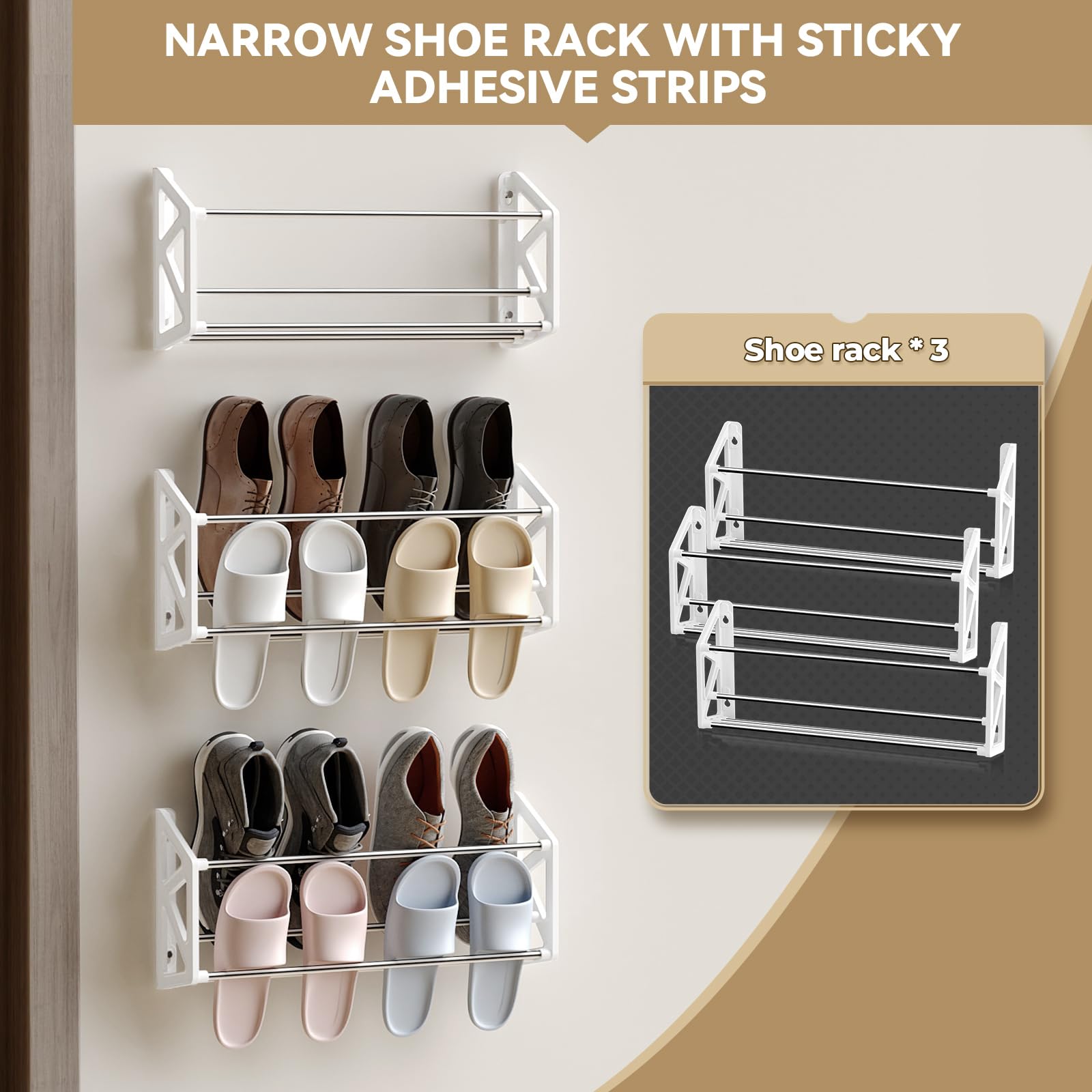 DEYILIAN Hanging Shoe Rack for RV Organization and Storage, 3 Pack Wall Shoe Rack with Sticky Adhesive Strips Slim Shoe Rack, Shoe Holder Space Saving Wall Mount Shoe Rack for Camper Shoe Shelf White