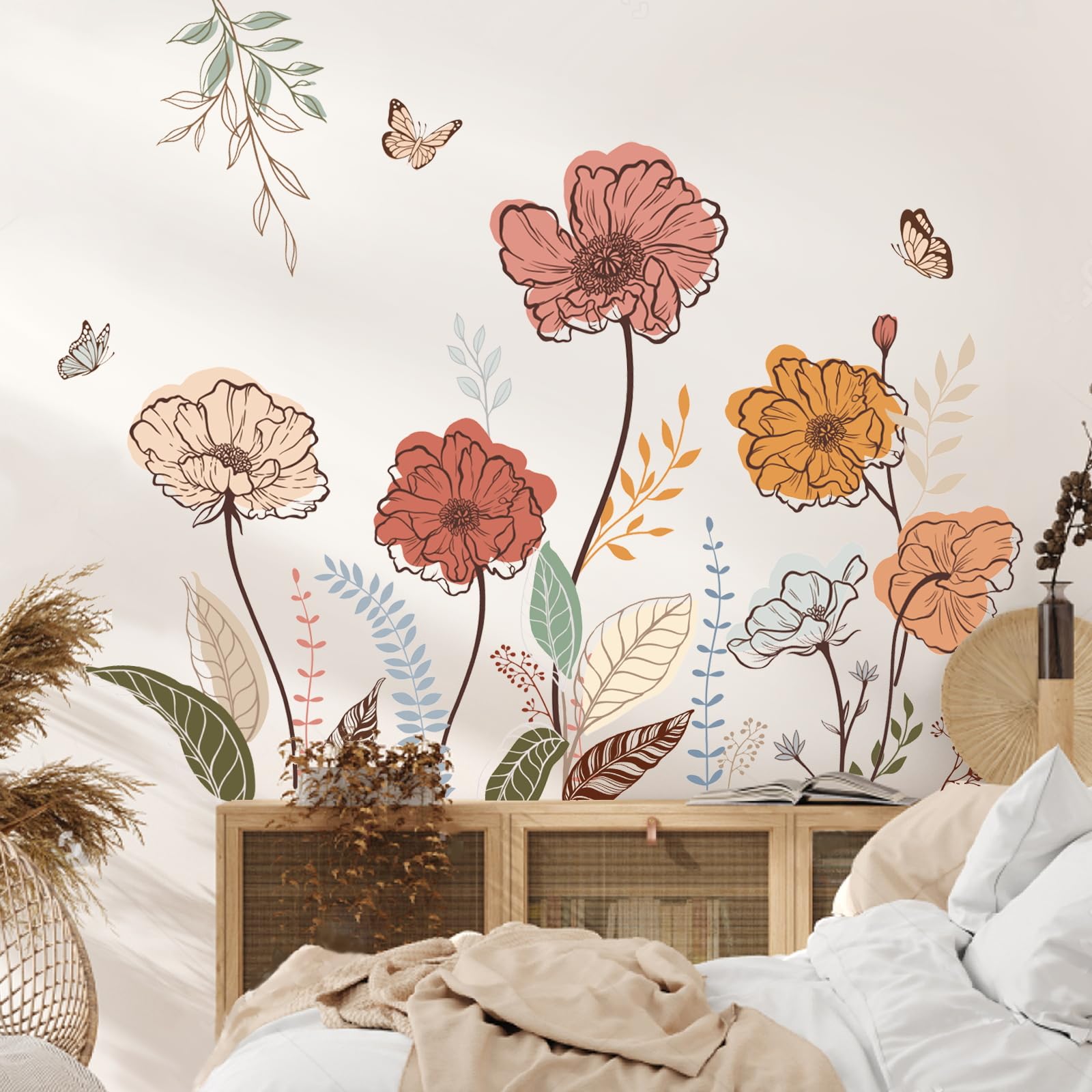 wondever Boho Flower Wall Stickers Wildflower Floral Grass Peel and Stick Wall Art Decals for Living Room Bedroom TV Wall