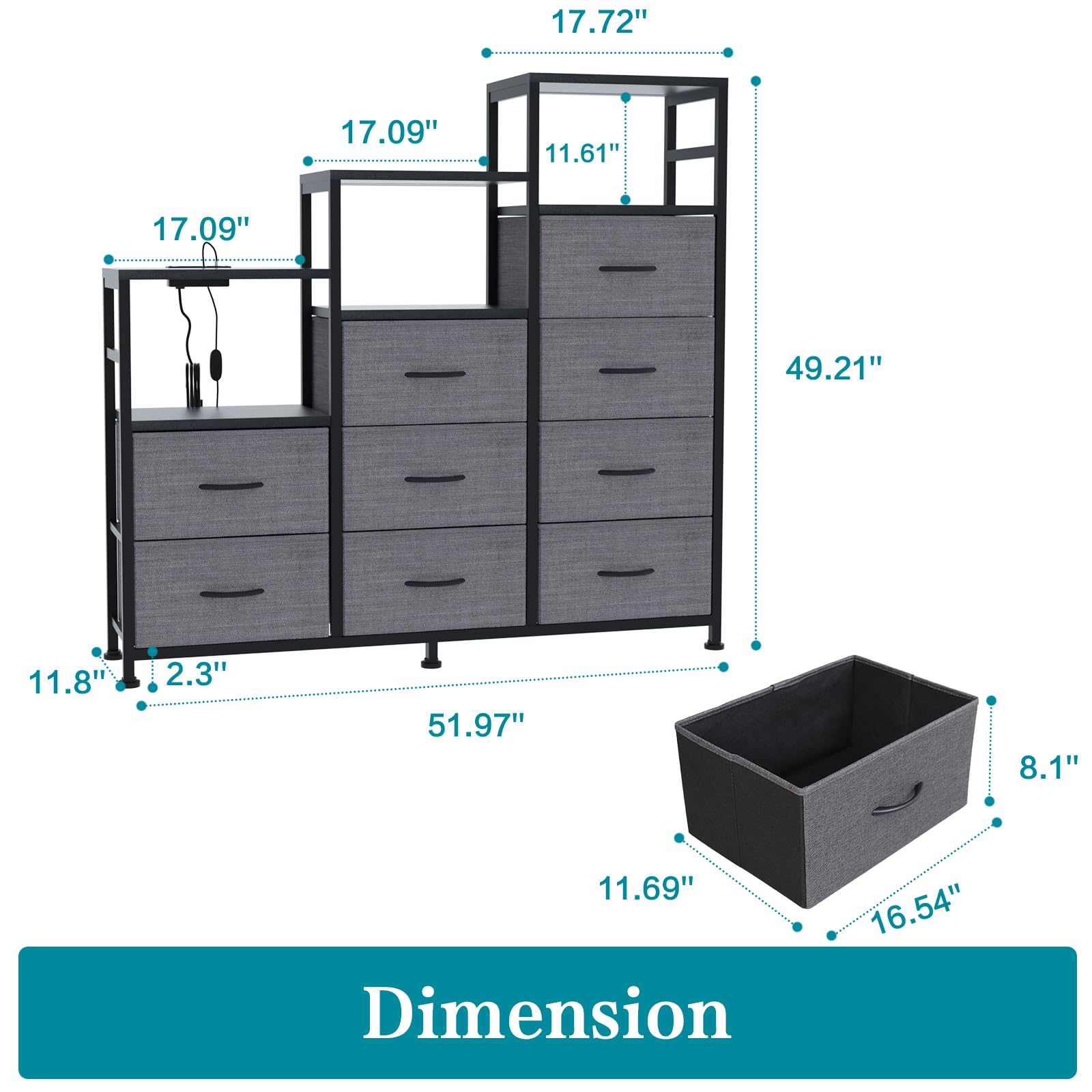 HPWLYO 9 Drawer Dresser with LED Light, Tall Fabric Drawers Dresser for Bedroom with Power Outlets, Dressers & Chests of Drawers with 3 Shelves for Bedroom