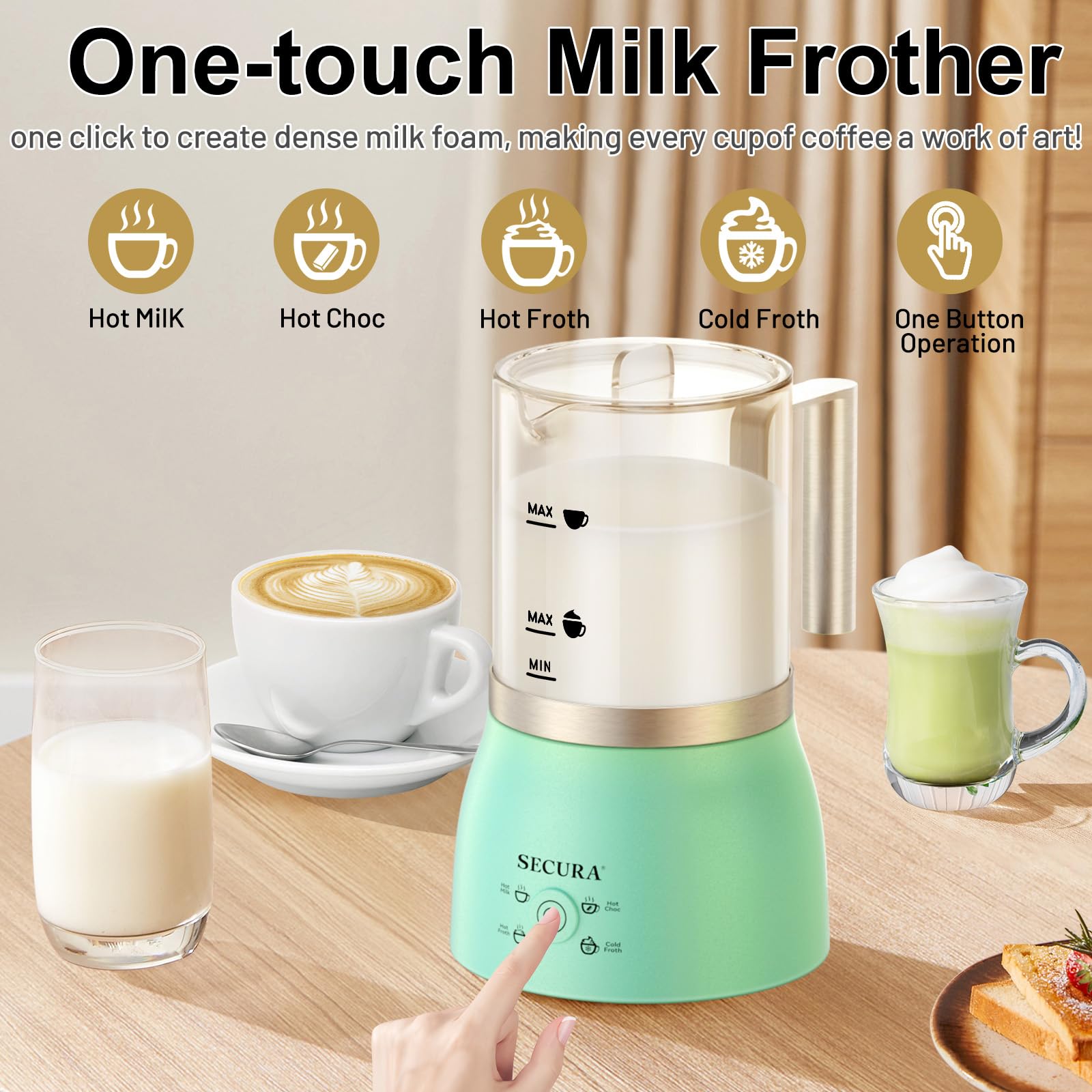 Secura Detachable Milk Frother and Steamer, 17oz Electric Milk Warmer 4-in-1 Hot/Cold Foam Maker for Latte, Macchiato, Hot Chocolate, Glass Milk Jug Dishwasher Safe (Green)