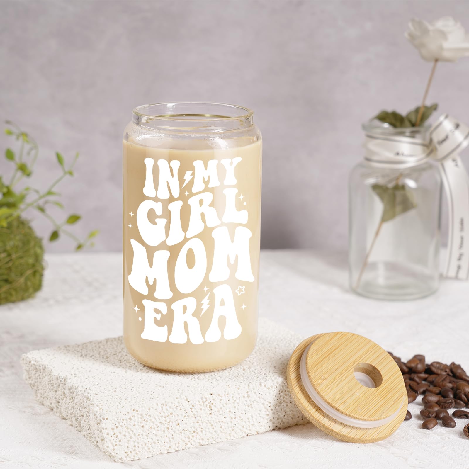 Fairy's Gift Girl Mom Gifts, Girl Mom Iced Coffee Cup, Cute 16 oz Coffee Glass Cups with Lids Straws - in My Girl Mom Era - Gifts for New Mom, Christmas, Birthday Gifts for Expecting Mom, Girl Mama