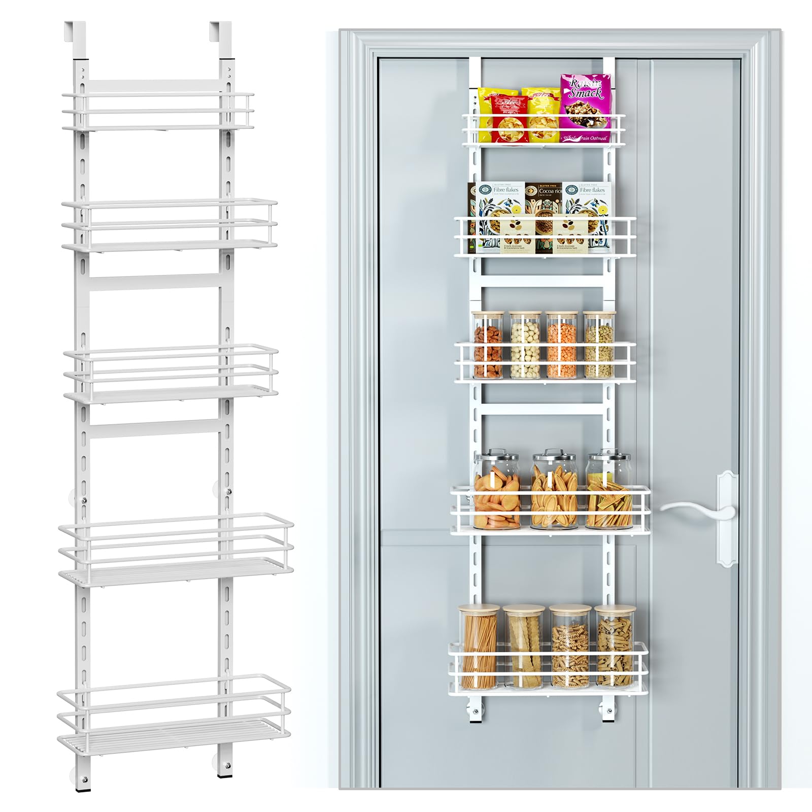 Purdaz Adjustable 5-Tier Over the Door Pantry Organizer, Spice Rack, Narrow Hanging Shelf for Kitchen Storage and Organization (White)