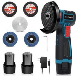 mini angle grinder, 12.6v 3inch angle grinder with 2 * 2500mah batteries and 5 grinding wheels, brushless motor 19500rmp cordless grinder, cutting/deburring/derusting grinder tool (blue)