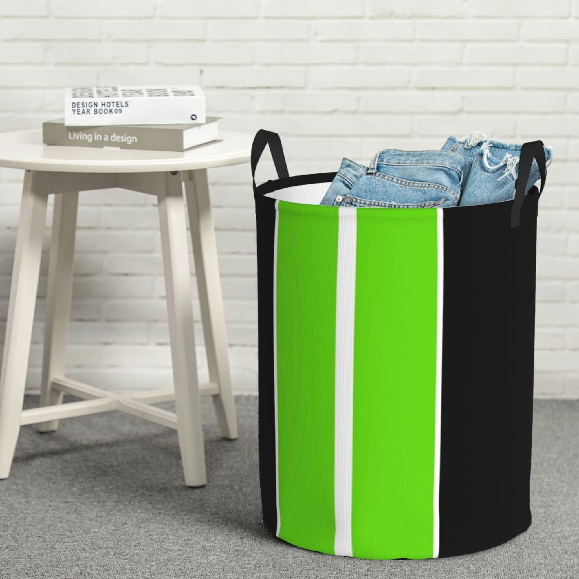 Large Laundry Basket, Lime Green Black White Stripes Collapsible Laundry Hamper Dirty Clothes Washing Bin for College Dorm Storage Essentials