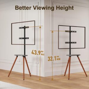 ECOTINY Tripod Easel TV Stand for 40 to 65 Inch LCD LED OLED Screen, Height Adjustable and Swievel TV Stand, Portable Corner TV Floor Stand with Wooden Tray, VESA 400x400mm, Minimalist Black Walnut