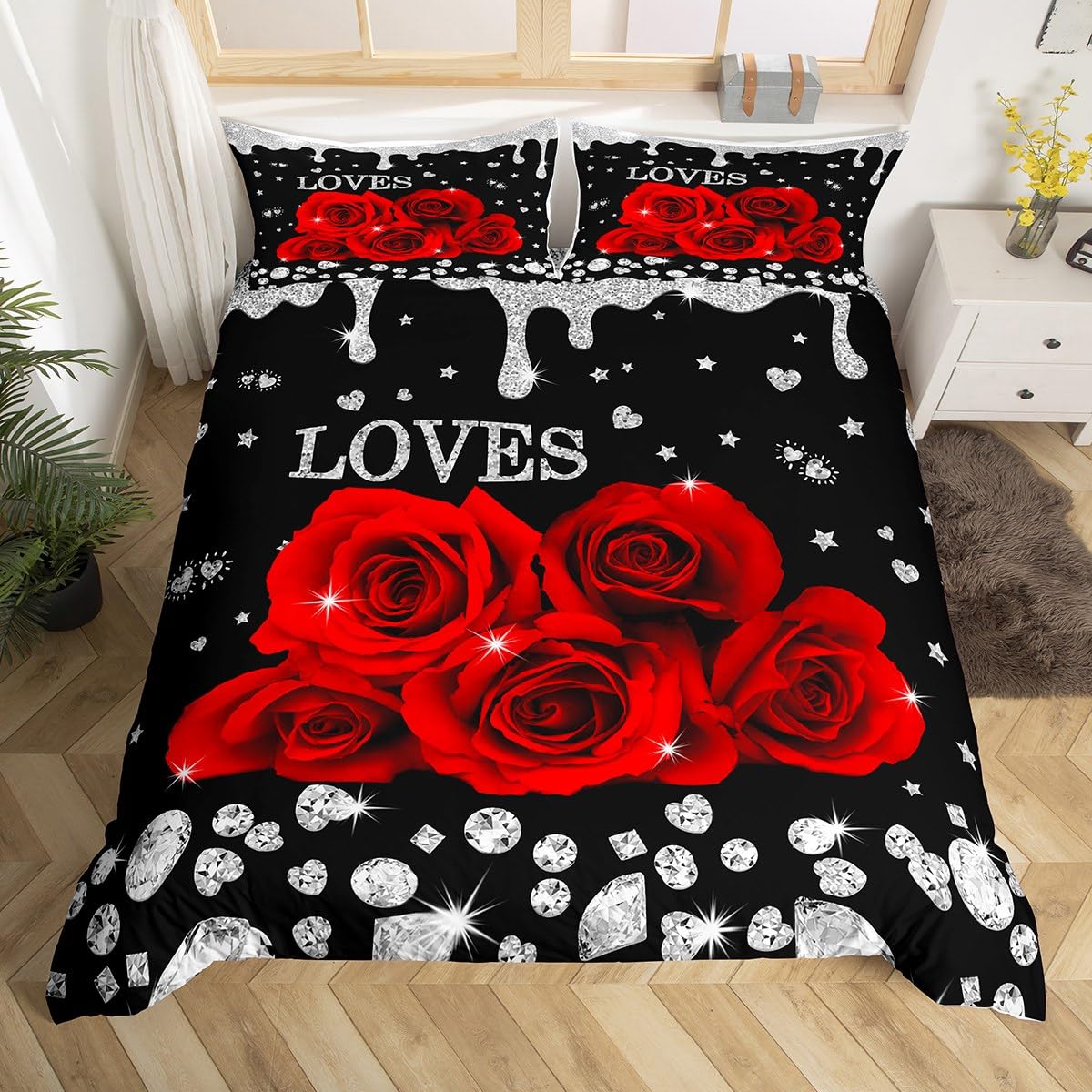 Erosebridal 3D Red Rose Comforter Cover Red and Black Bedding Set Queen Rose Flower Gifts for Her Women Men Couple Girlfriend Romantic Floral Duvet Cover Glitter Sequins Diamond Quilt Cover Zipper