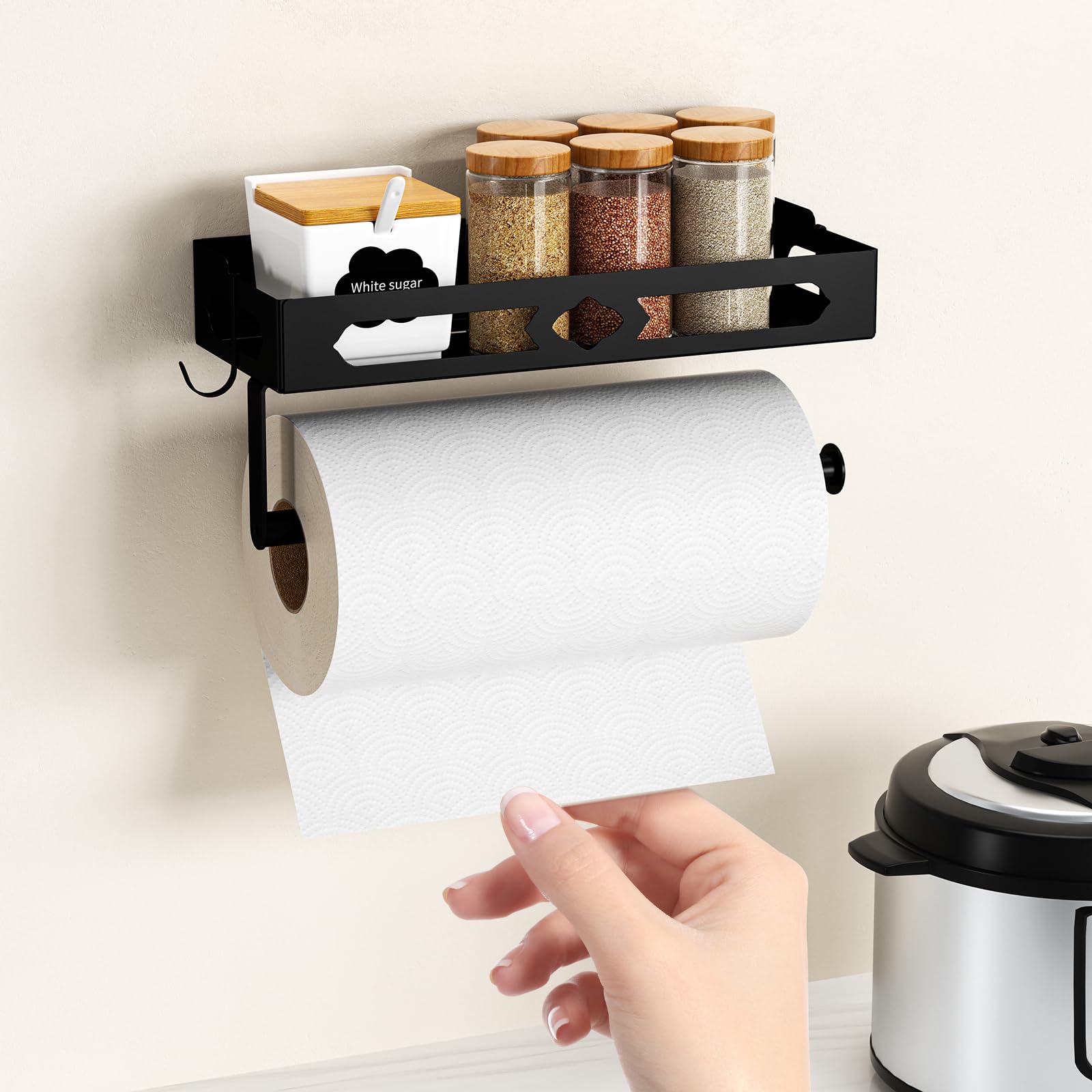 GAGUIUP Paper Towel Holder Wall Mount for Kitchen, Easy One-handed Operation Design, Self Adhesive Paper Towel Holder with Shelf for Bathroom, RV Paper Towel Rack Paper Roll Holder with 2 Hooks, Black