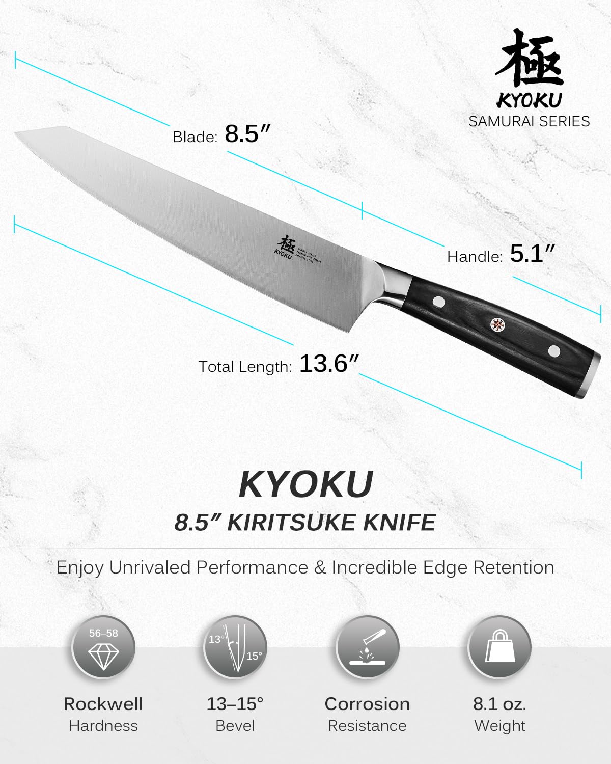 KYOKU 8.5" Kiritsuke Chef Knife, Samurai Series Japanese Chef Knife with Pakkawood Handle, Japanese High Carbon Steel Knife for Kitchen