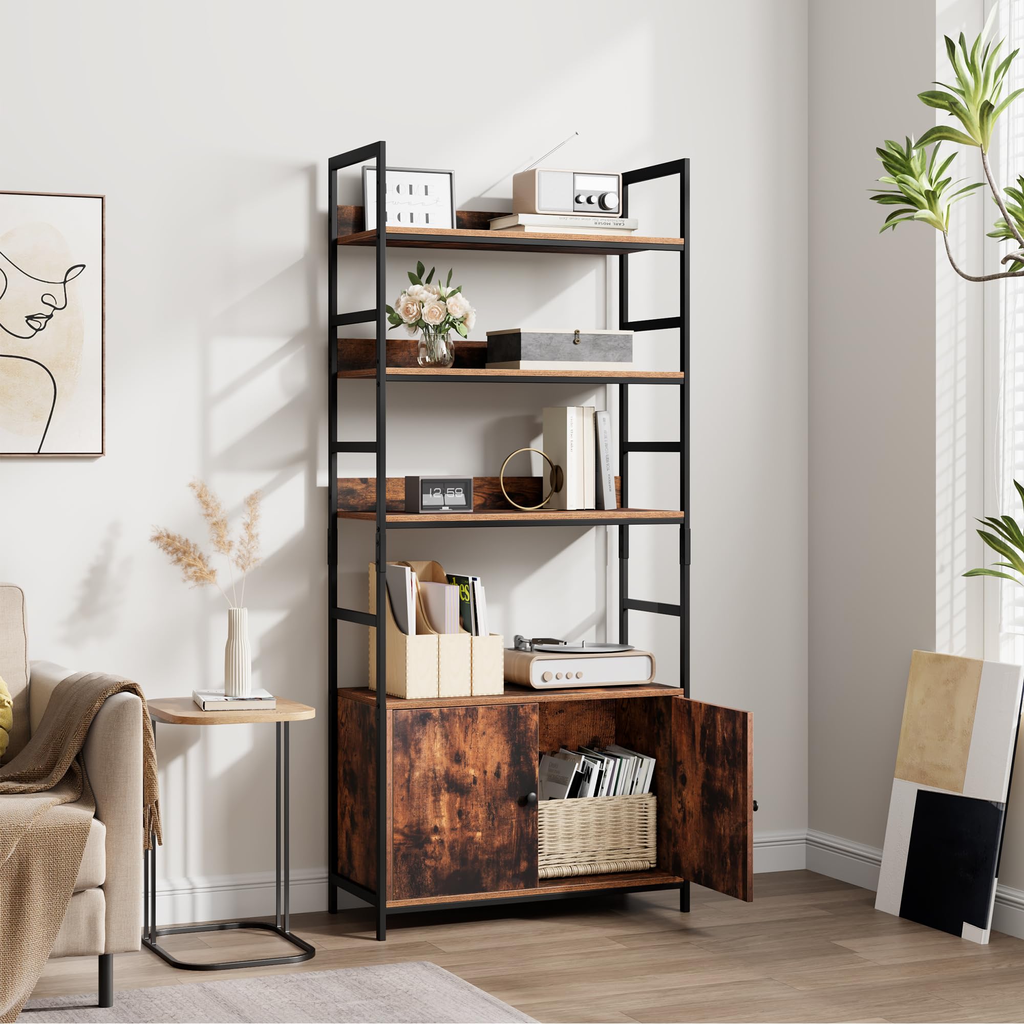 BOTLOG Industrial Bookshelf, Tall Bookshelf with Storage, Wood and Metal Shelf with Doors and Shelves Rustic Brown for Office and Living Room