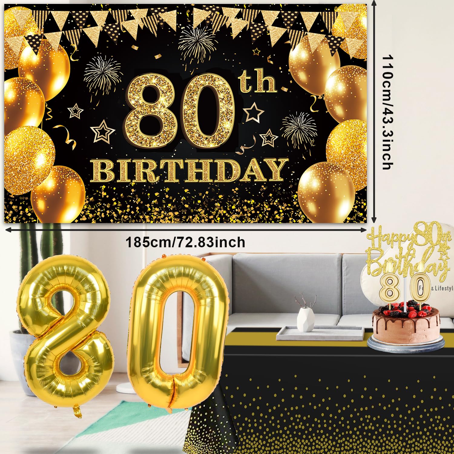 80th Birthday Decorations Men Women with 80th Birthday Banner, Black and Gold Table Cloth, 80 Number Balloons, 80th Birthday Sash, 80th Birthday Cake Topper and 80th Birthday Candles