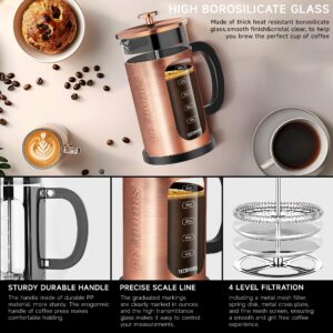 TECOHORS French Press Coffee Maker 34oz / 1 Quart 304 Stainless Steel Coffee Press,with 4 Filters System, Heat Resistant Thickness Borosilicate Glass, Brewed Coffee Pot (Copper)