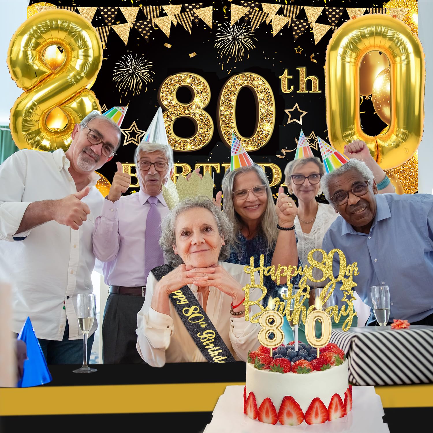 80th Birthday Decorations Men Women with 80th Birthday Banner, Black and Gold Table Cloth, 80 Number Balloons, 80th Birthday Sash, 80th Birthday Cake Topper and 80th Birthday Candles