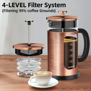 TECOHORS French Press Coffee Maker 34oz / 1 Quart 304 Stainless Steel Coffee Press,with 4 Filters System, Heat Resistant Thickness Borosilicate Glass, Brewed Coffee Pot (Copper)