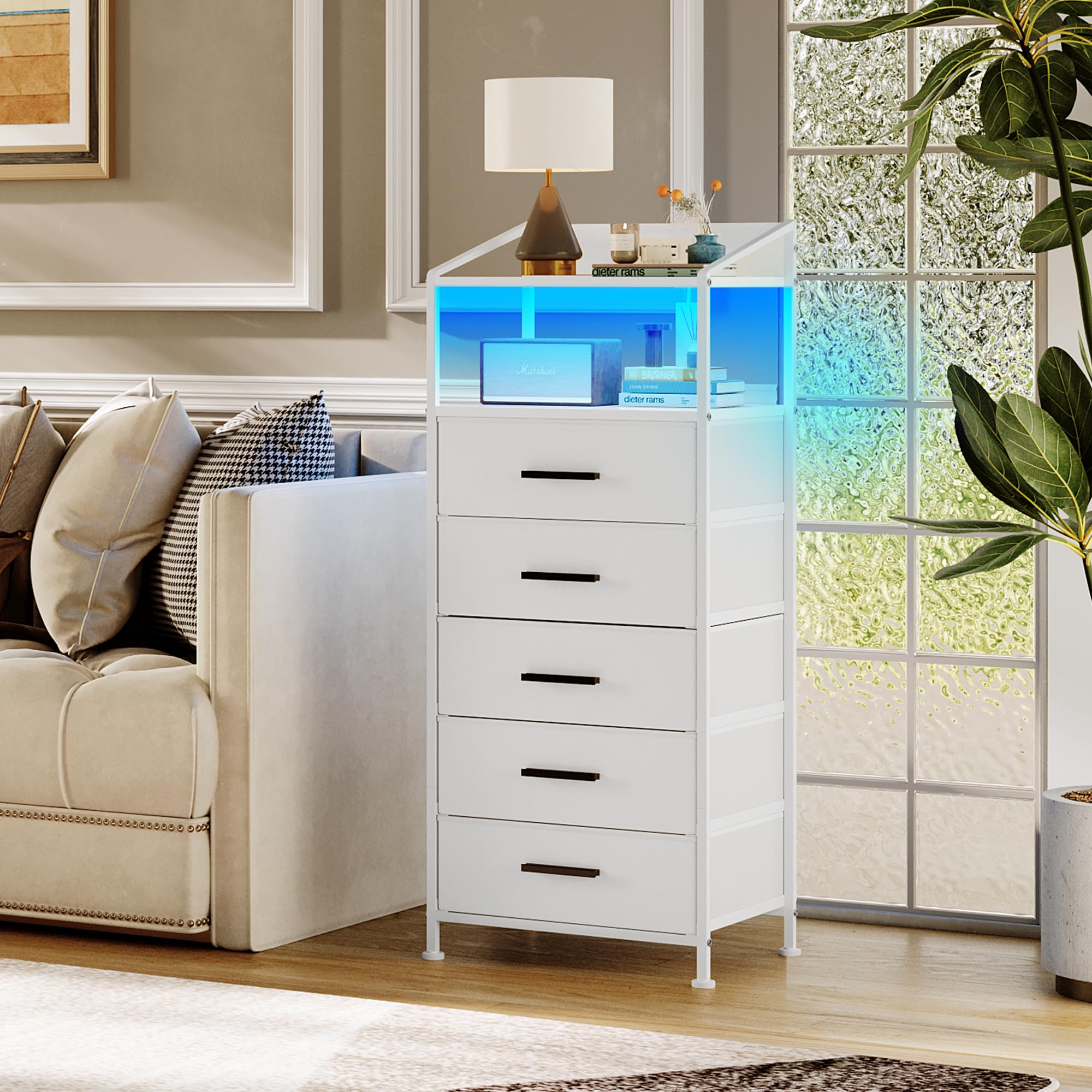 EKNKOZY Nightstand 5 Drawer Dresser with LED Lights and Charging Station, Vertical Side Table with Fabric Drawers, End Table with Open Shelf, Tall Dresser for Bedroom, Hallway, Entryway, White