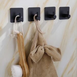 Voraus Adhesive Hooks Heavy Duty Wall Hooks Waterproof Stainless Steel Towel Racks for Bathroom Wall Hooks for Hanging 4-Packs (Matte Black)