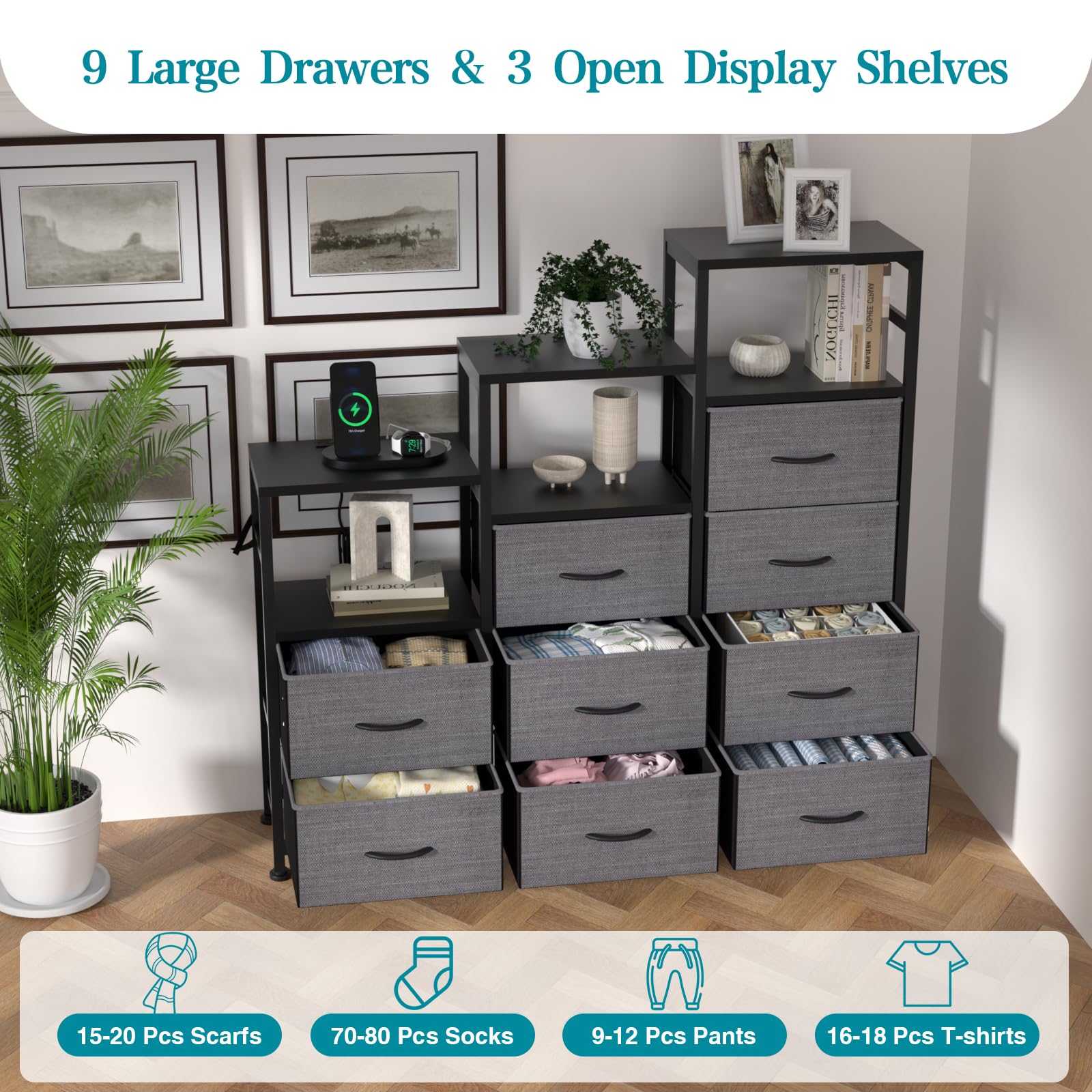 HPWLYO 9 Drawer Dresser with LED Light, Tall Fabric Drawers Dresser for Bedroom with Power Outlets, Dressers & Chests of Drawers with 3 Shelves for Bedroom