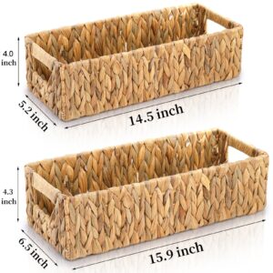 2 Pack Wicker Storage Baskets, Water Hyacinth Holder for Toilet Paper, Rectangular Natural Bins with Built-in Handles, Handwoven Organizer for Bathroom Kitchen Pantry Tank Top, 2 Sizes