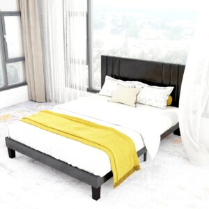 Queen Size Bed Frame, Faux Leather Upholstered Platform with Headboard (Black, Queen (U.S. Standard))