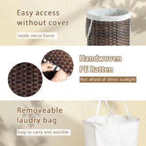 KUREEISE Laundry Basket, Handwoven Rattan Laundry Hamper, No Install Needed, 26.5 Gal (100L) Round Clothes Hamper with Removable Bag & Handles, Foldable Storage Basket for Bedroom（Brown）