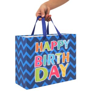 13" Large Blue Gift Bag Set with Greeting Card and White Tissue Papers (Laser Foil 'Happy Birthday') for Men's Birthday Party, Boys' or Kids' Parties, Baby Shower, Baby Boy - 13”x5.2”x10.2”, 1 Pcs.