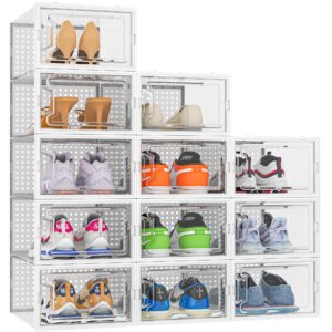 homidec 12 pack shoe storage box, shoe organizer for closet, clear plastic stackable shoe box, foldable shoe rack shoe organizer for closet under bed entryway(white)