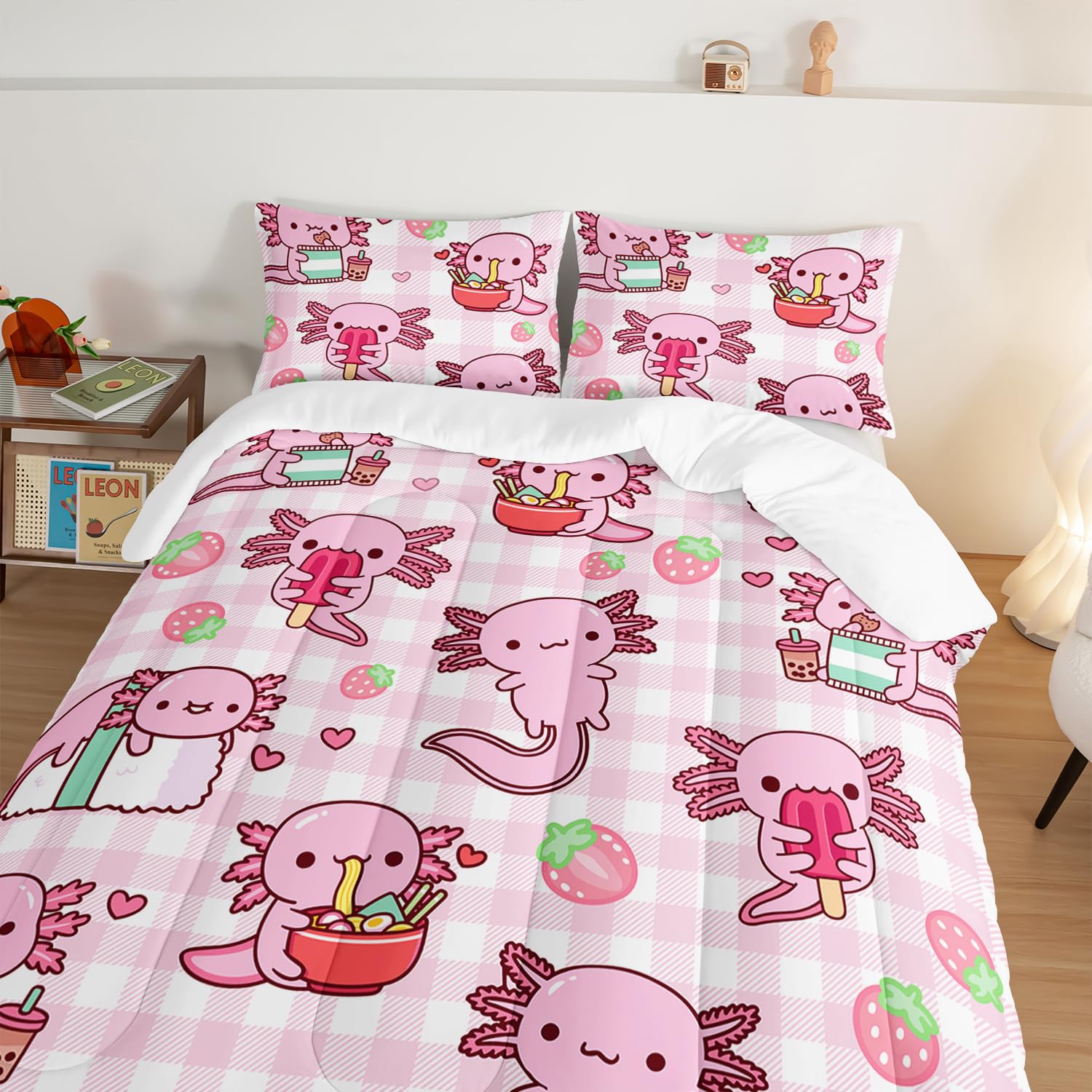 HOSIMA Axolotl Comforter Set Twin Size for Kids Girls,Pink Cartoon Axolotl Eat Dessert Printing Bedding Set Twin Size for Princess Bedroom Decor with Two Pillowcases.