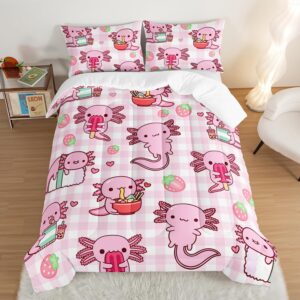 HOSIMA Axolotl Comforter Set Twin Size for Kids Girls,Pink Cartoon Axolotl Eat Dessert Printing Bedding Set Twin Size for Princess Bedroom Decor with Two Pillowcases.