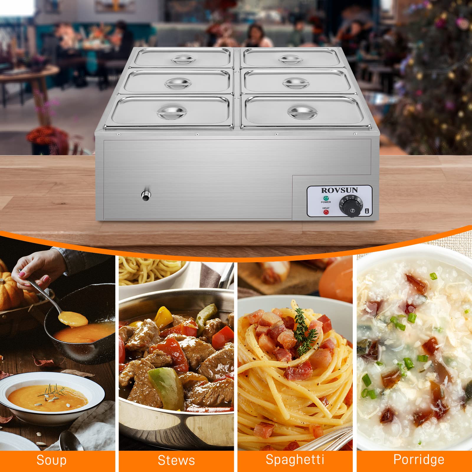 LEADZM 6-Pan(6.9QT*6) Commercial Food Warmer, 110V Electric Desktop Steam Table with Temperature Control and Stainless Steel Body, Bain Marie Buffet for Party Restaurant and Catering