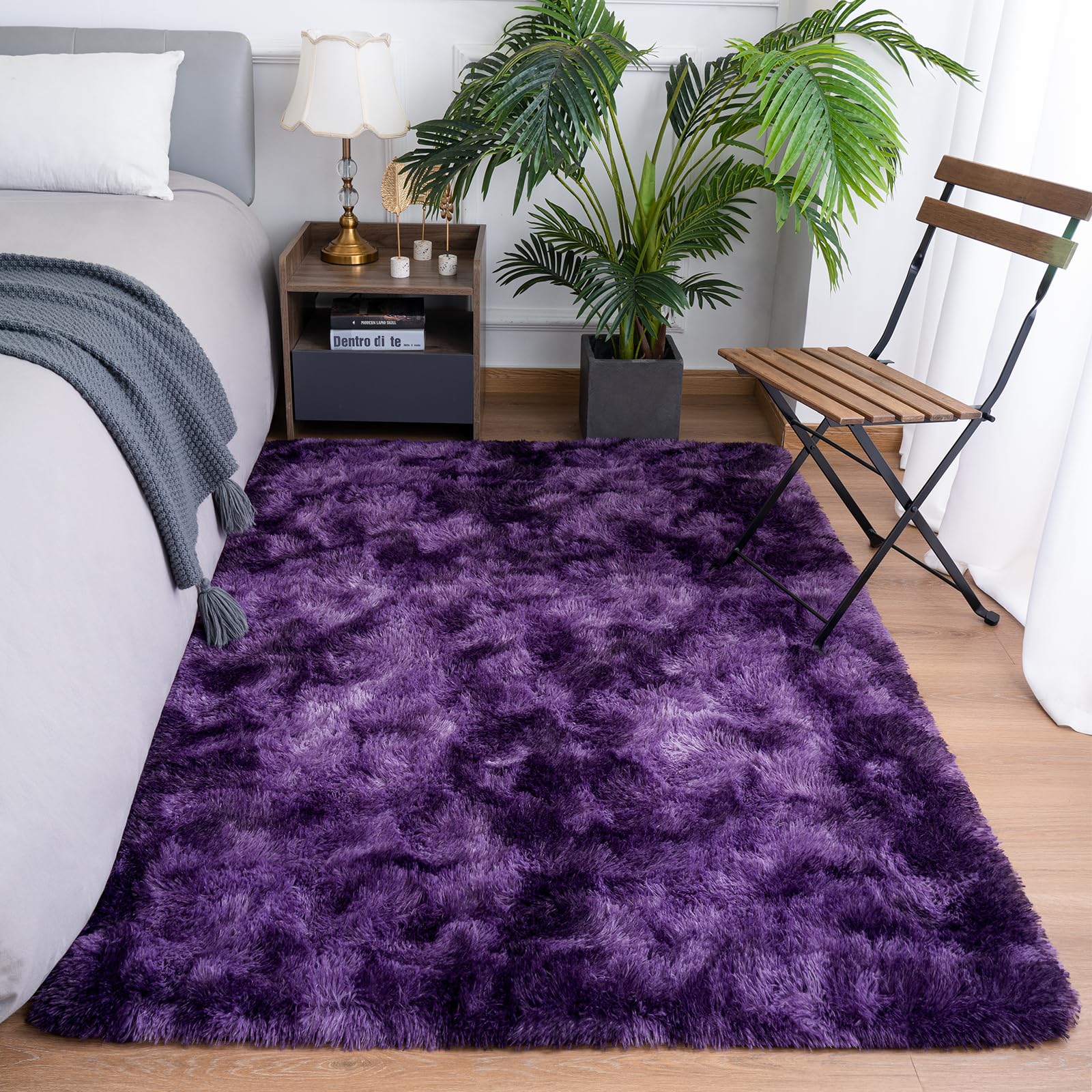 Goideal Fluffy Area Rug for Living Room Bedroom, 4 x 6 Tie-Dyed Grape Purple Rug Fuzzy Non-Slip Modern Carpet Ultra Soft Faux Fur Rugs for Dorm Kids Room Home Decor